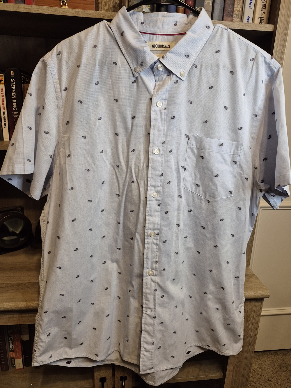 Goodthreads Light Blue Short-Sleeve Button-Down w/ Navy Paisley Dots C1 - Jjohn
